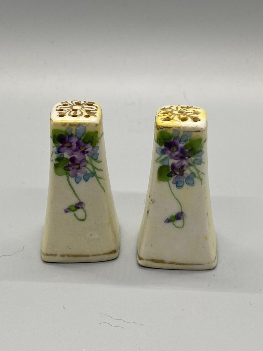 Vintage Hand Painted Square Pillar Porcelain Salt Pepper Shakers Purple Violets